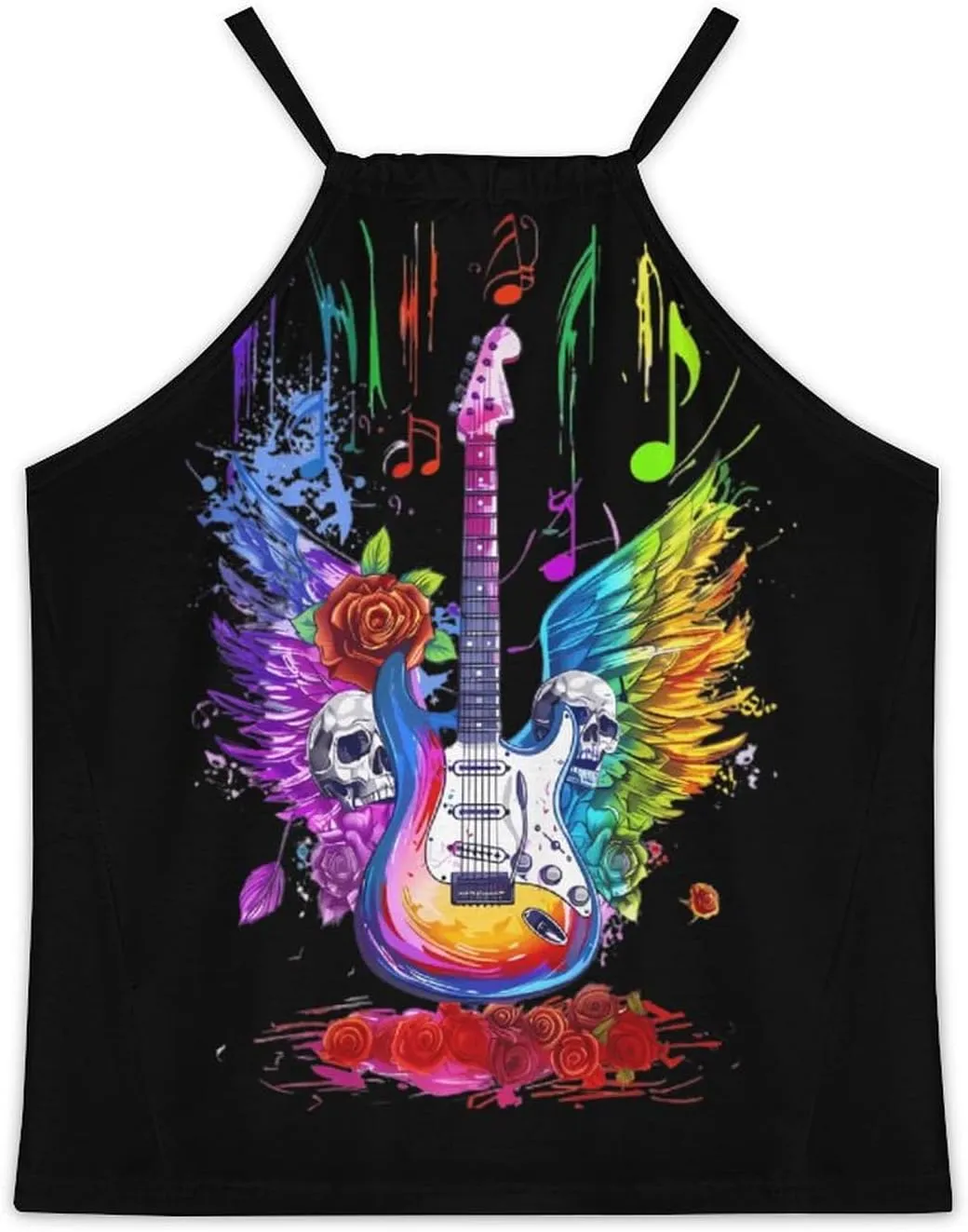 Electric Guitar with Wings Skull Roses Women's Tank Top Sleeveless Spaghetti Straps Tie Back Print T-Shirt Tops