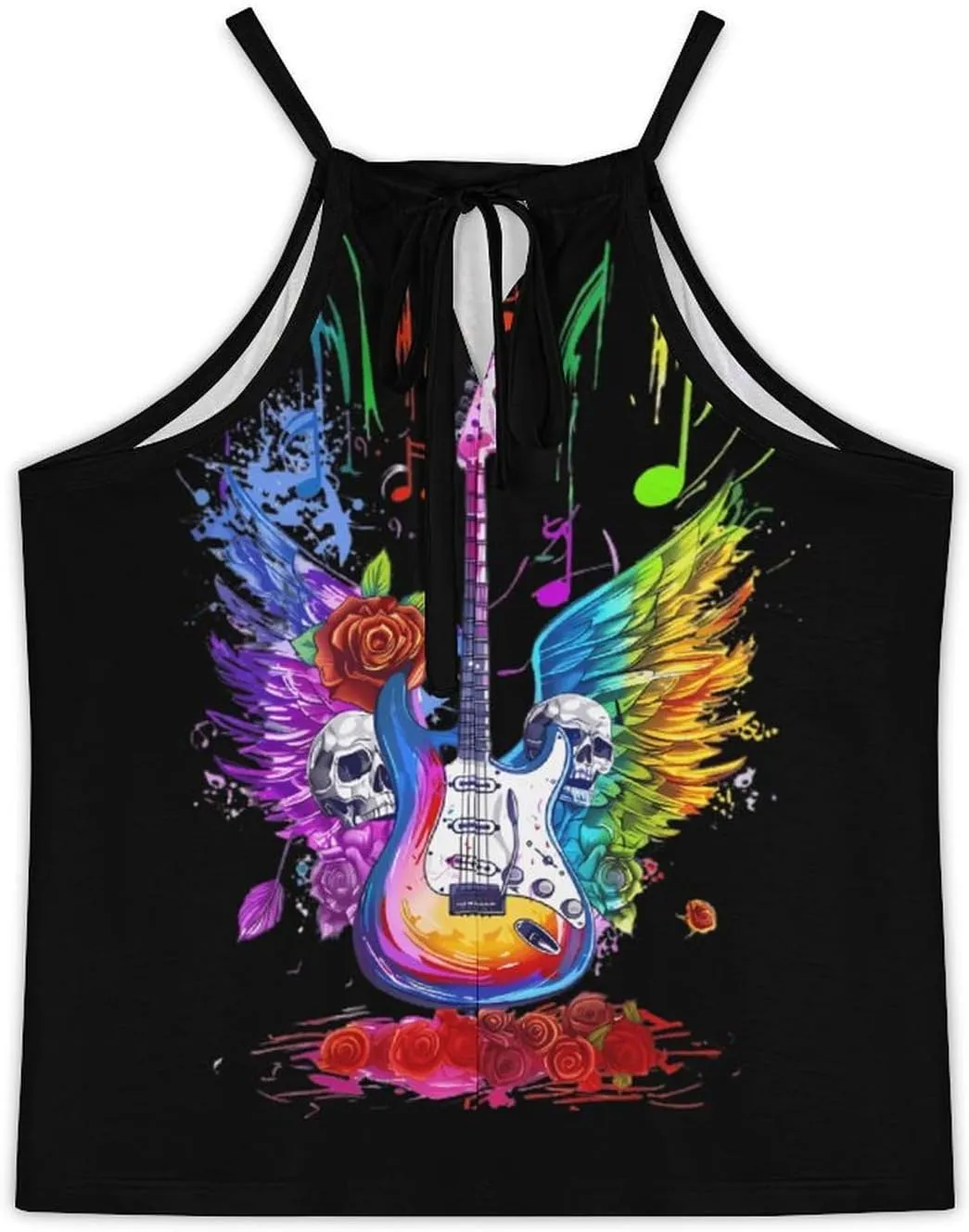 Electric Guitar with Wings Skull Roses Women's Tank Top Sleeveless Spaghetti Straps Tie Back Print T-Shirt Tops