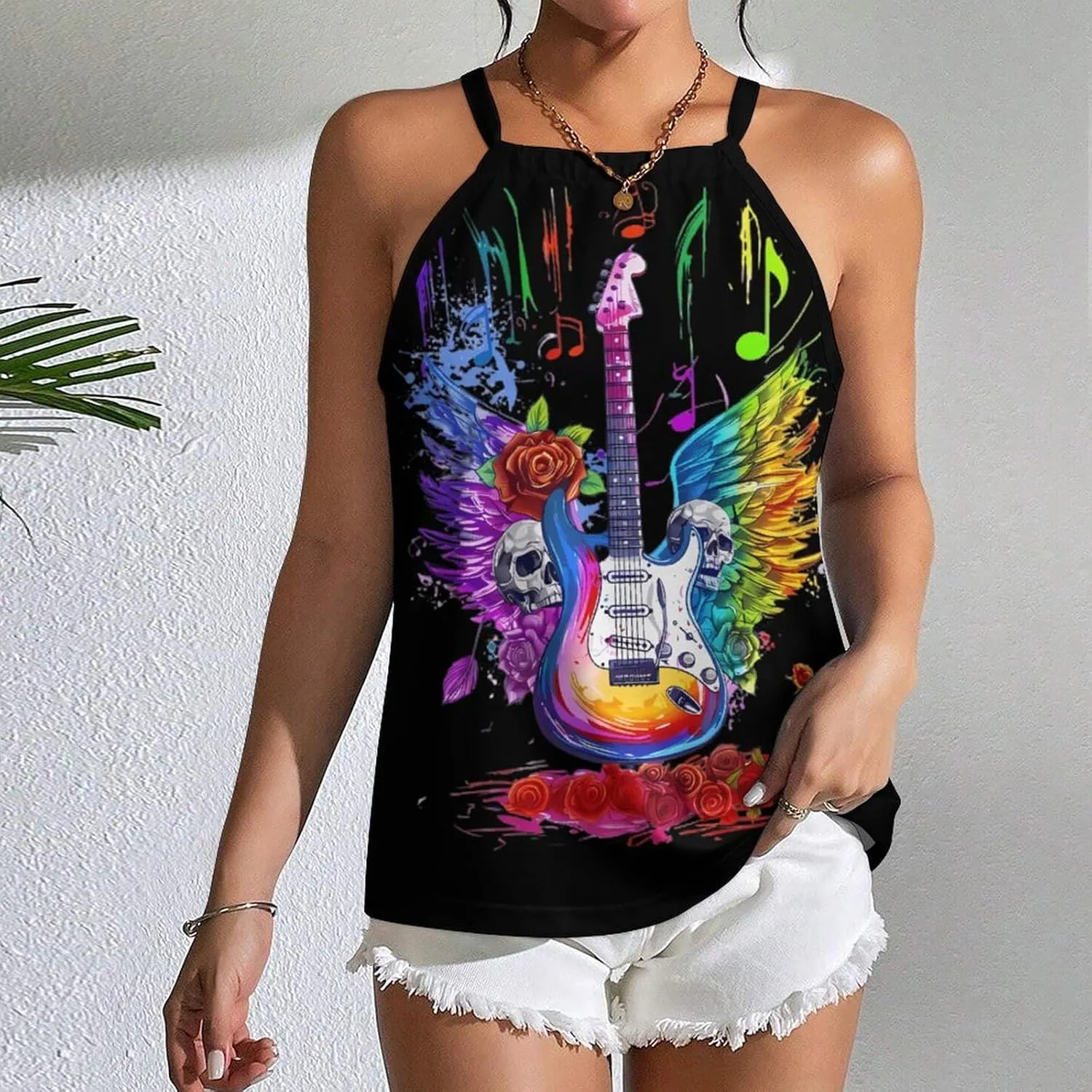 Electric Guitar with Wings Skull Roses Women's Tank Top Sleeveless Spaghetti Straps Tie Back Print T-Shirt Tops