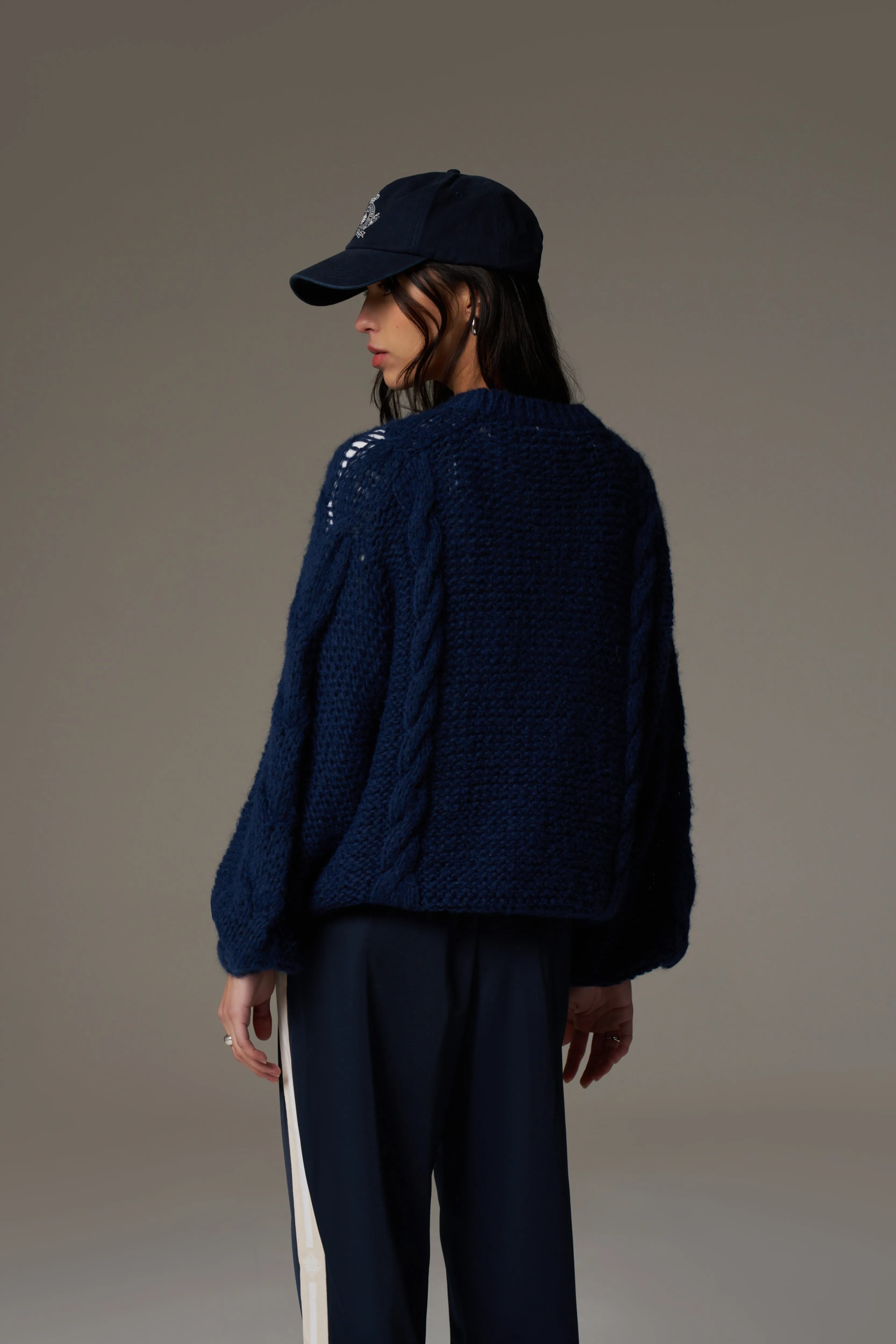 EMBLEM PLAITED OVERSIZED KNIT JUMPER - NAVY