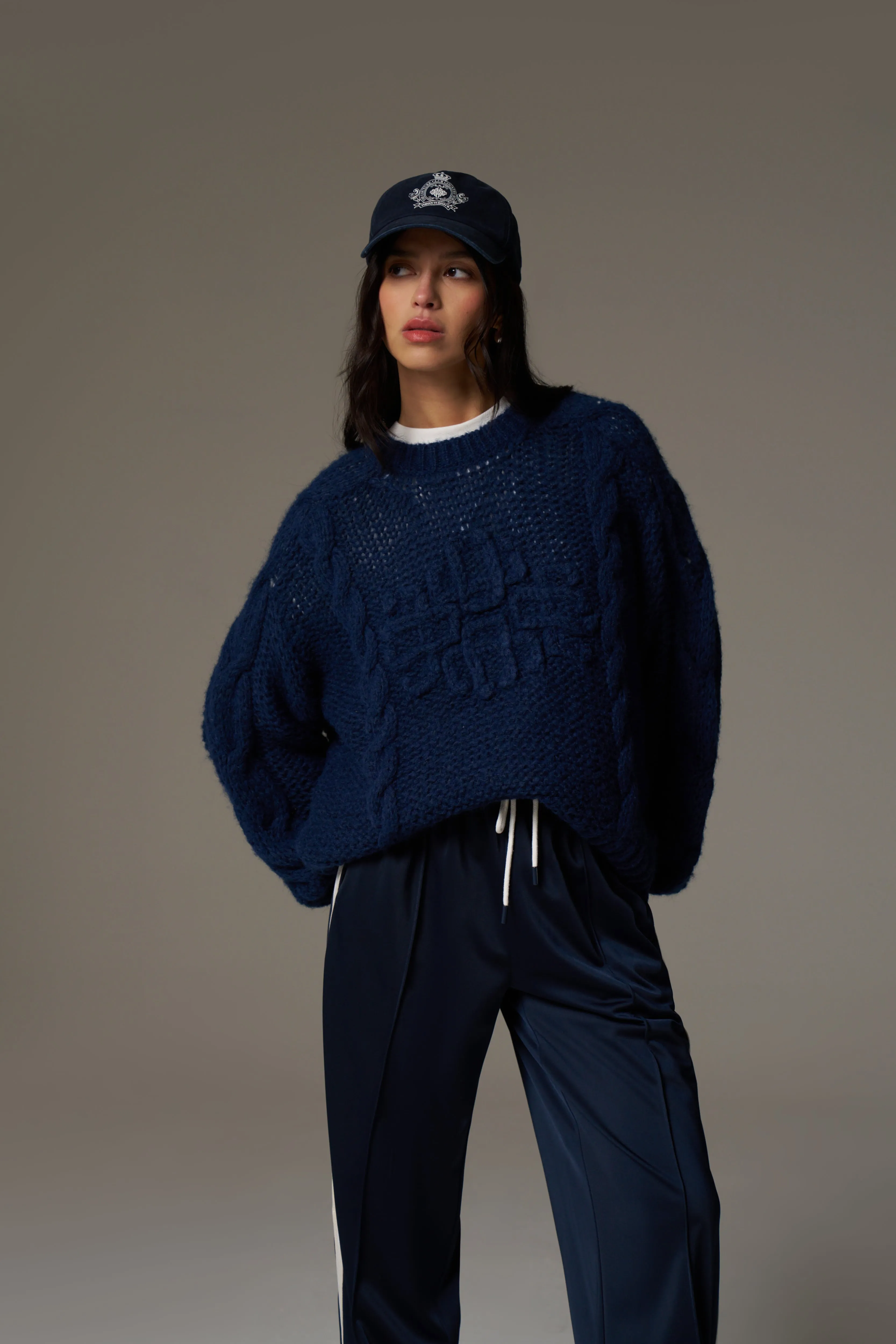 EMBLEM PLAITED OVERSIZED KNIT JUMPER - NAVY