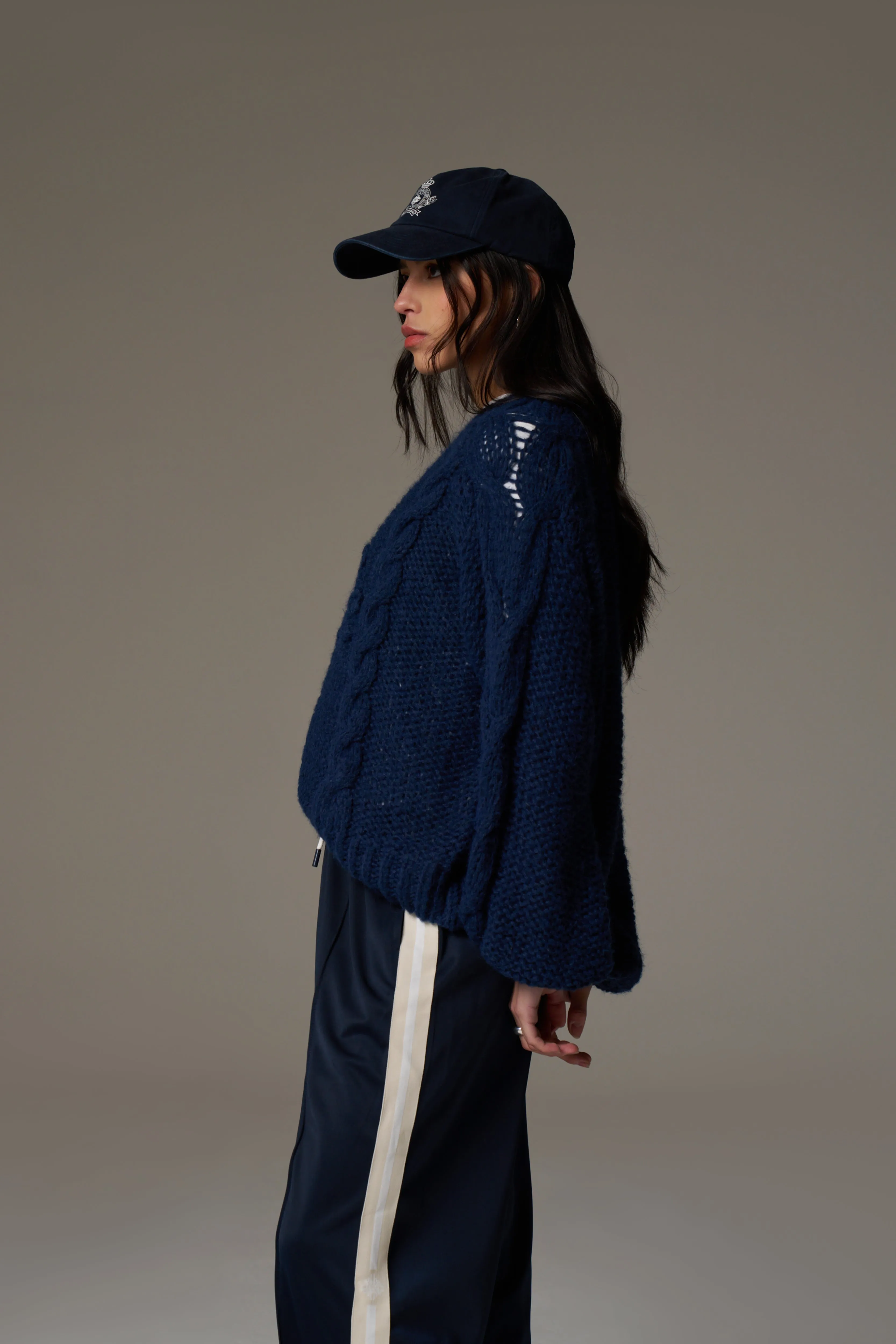 EMBLEM PLAITED OVERSIZED KNIT JUMPER - NAVY