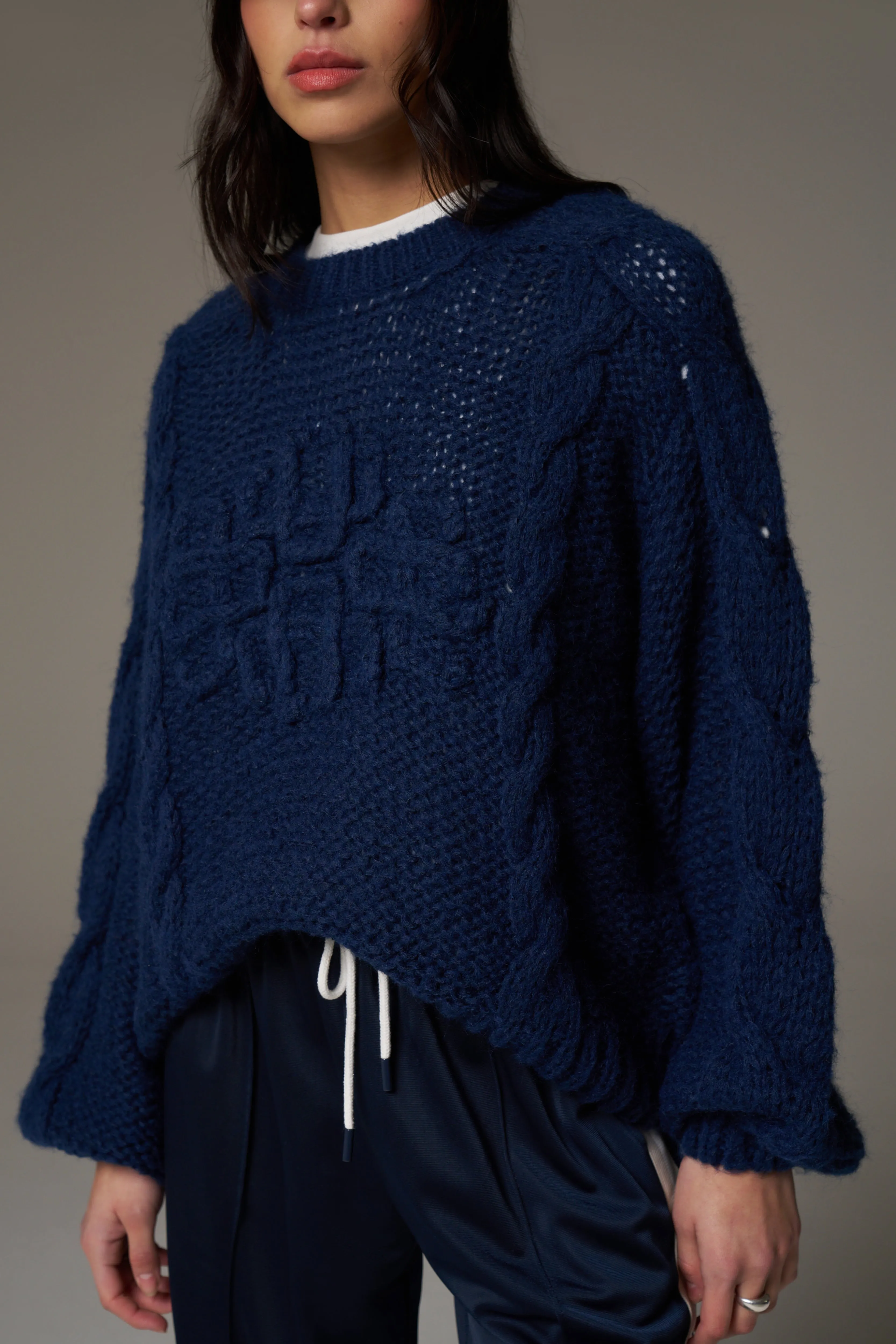 EMBLEM PLAITED OVERSIZED KNIT JUMPER - NAVY