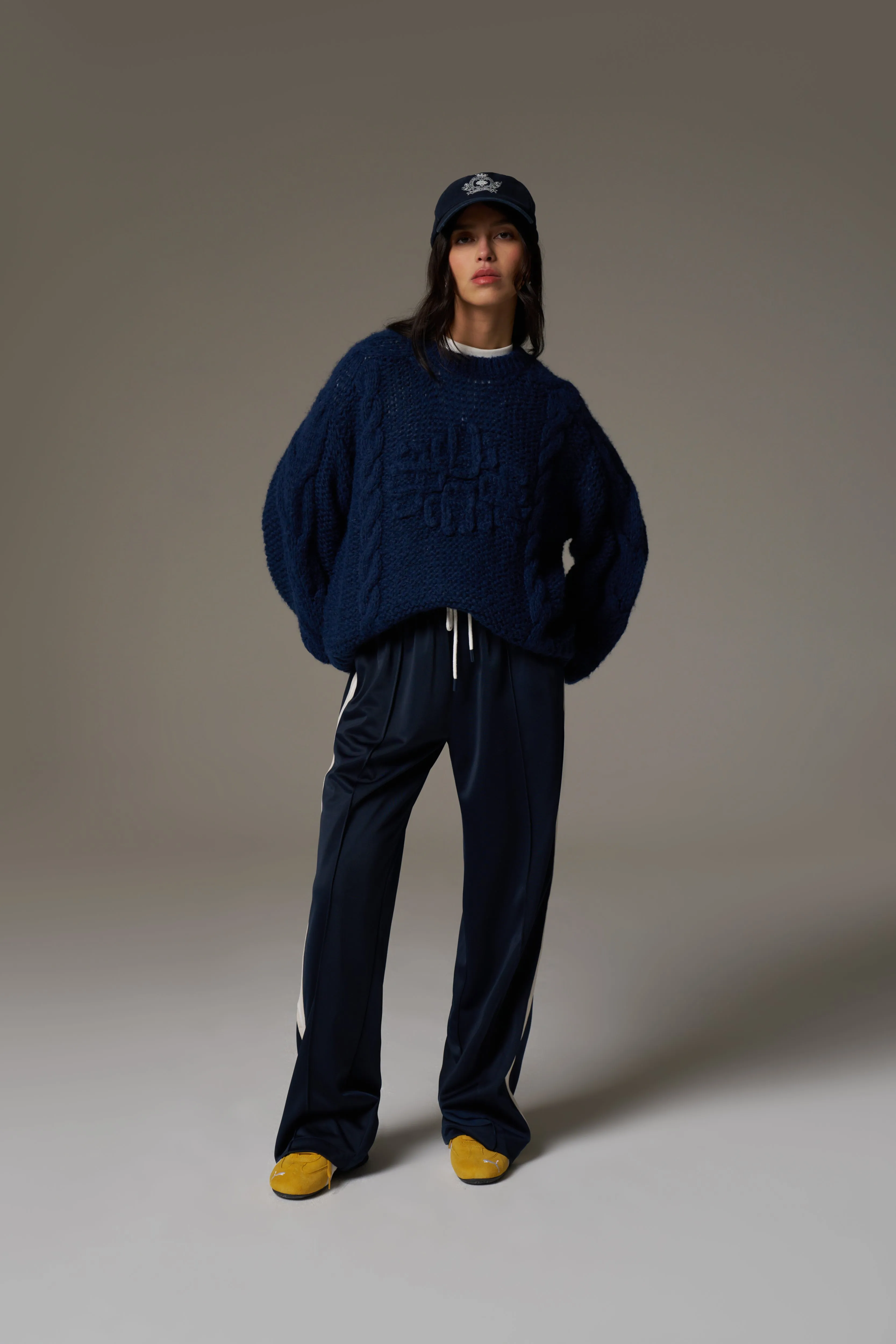 EMBLEM PLAITED OVERSIZED KNIT JUMPER - NAVY