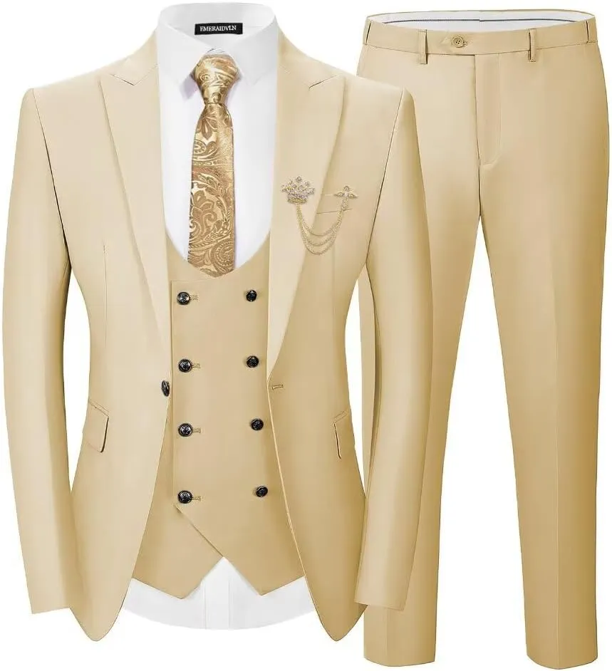 EMERAIDVLN Men's 3 Pieces Suit Slim Fit Elegant Wedding Prom Suits 1 Botton Blazer Double Breasted Vest and Pants Tuxedo Set