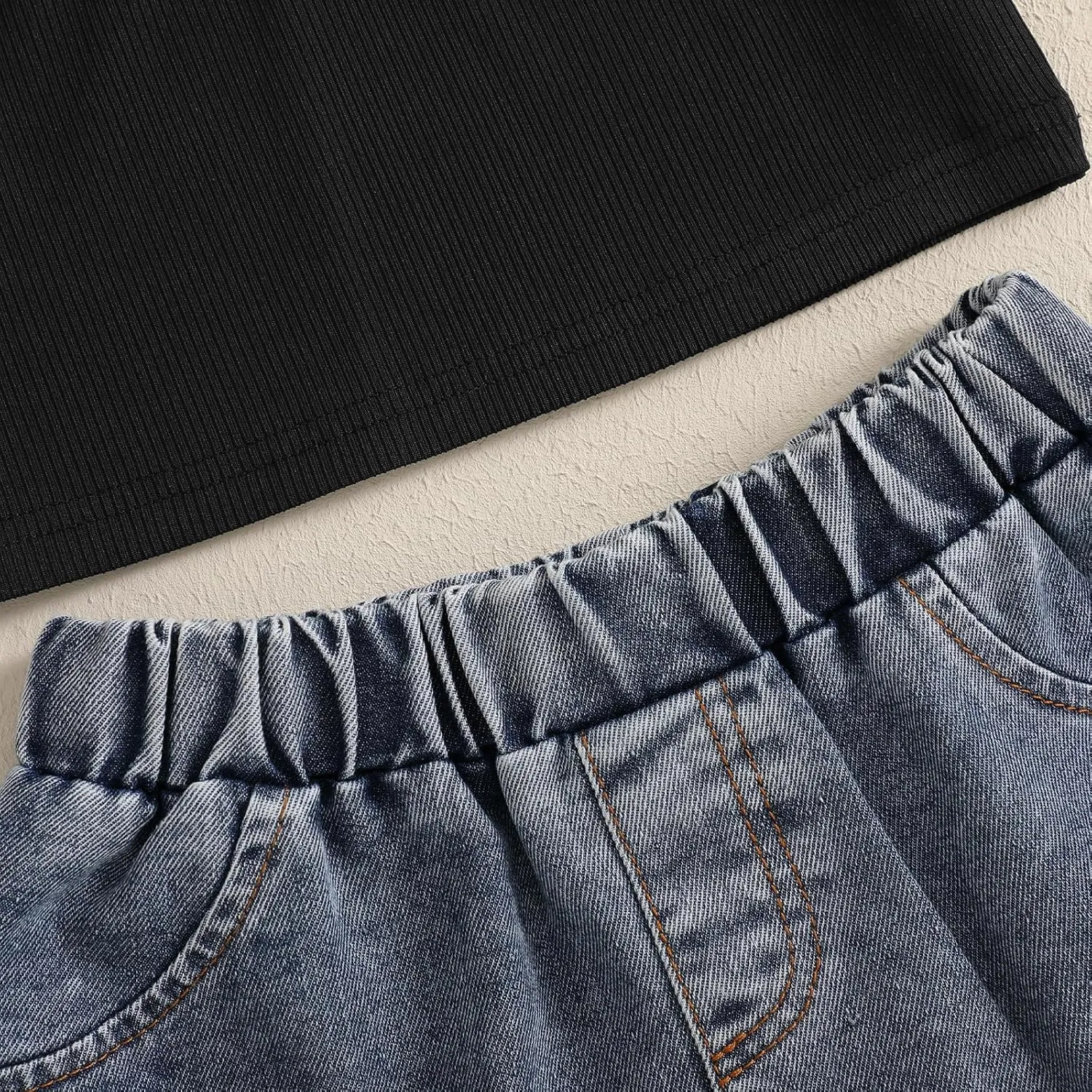 Emmababy Toddler Cowgirl Outfit Baby Girl Denim Skirt Set Sleeveless Ribbed Crop Tank Ruffle Jeans Skirt Kids Western Clothes