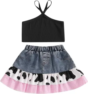 Emmababy Toddler Cowgirl Outfit Baby Girl Denim Skirt Set Sleeveless Ribbed Crop Tank Ruffle Jeans Skirt Kids Western Clothes