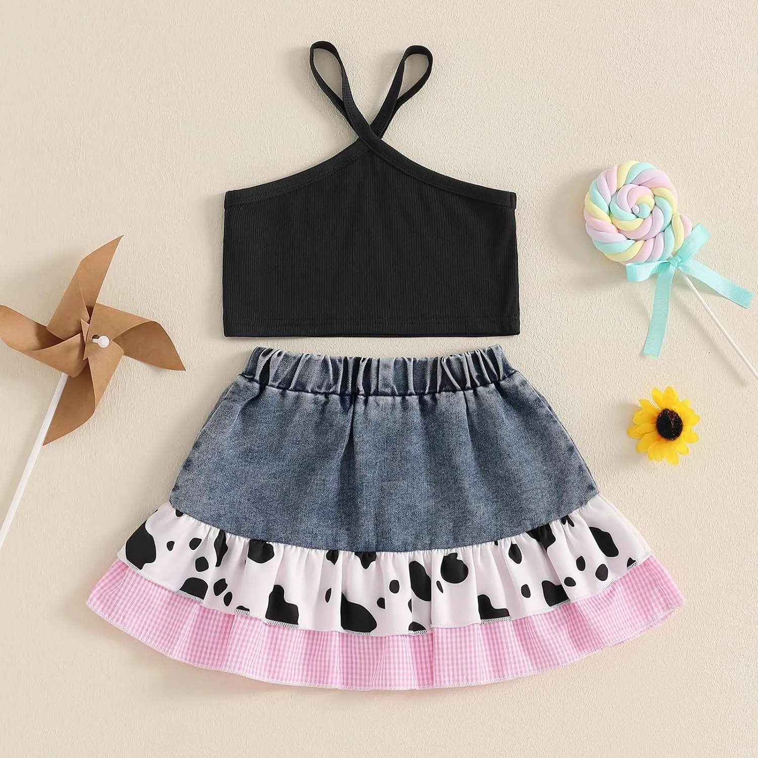 Emmababy Toddler Cowgirl Outfit Baby Girl Denim Skirt Set Sleeveless Ribbed Crop Tank Ruffle Jeans Skirt Kids Western Clothes