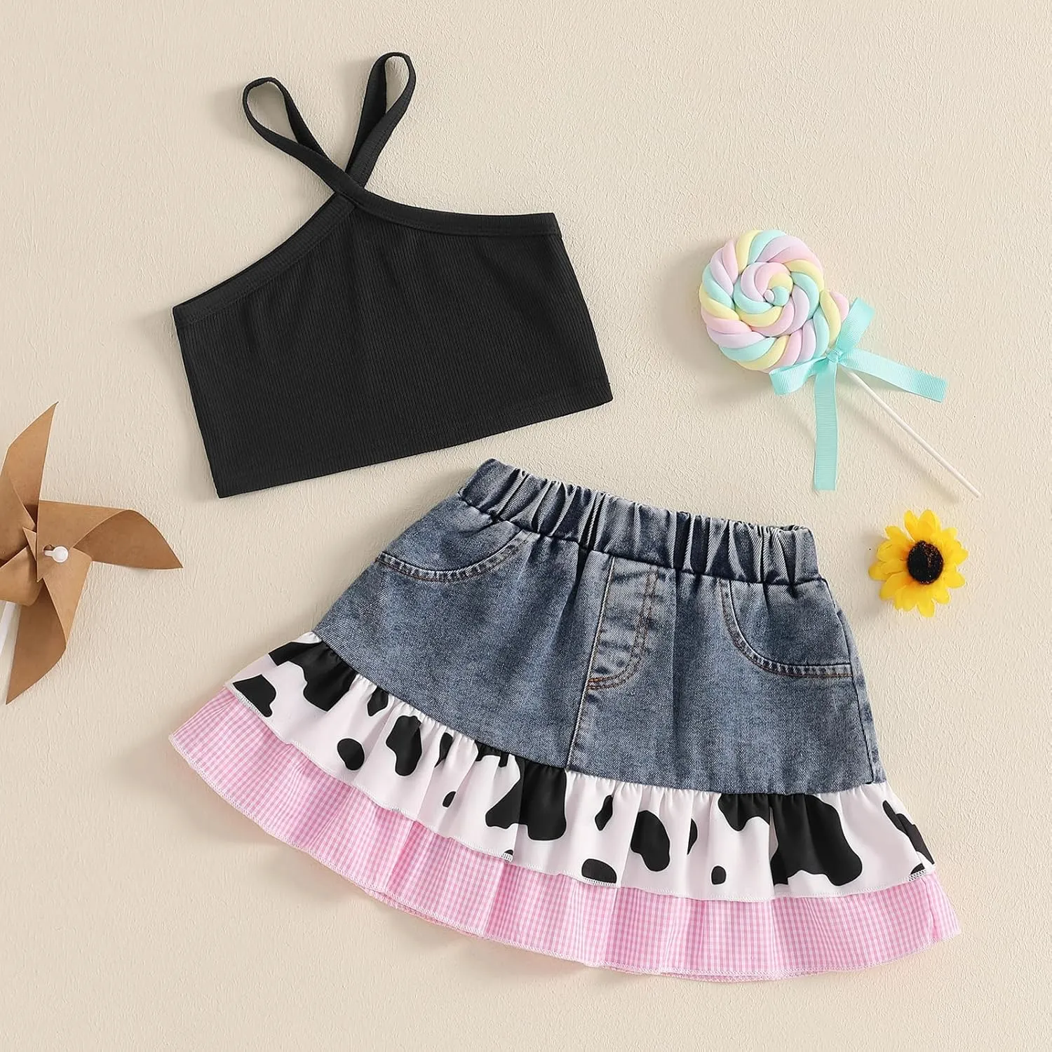 Emmababy Toddler Cowgirl Outfit Baby Girl Denim Skirt Set Sleeveless Ribbed Crop Tank Ruffle Jeans Skirt Kids Western Clothes