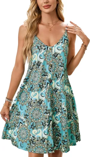 ENMAIN Womens Sundress Summer Spaghetti Strap Button Down Sleeveless Causal Beach Vacation Cover Ups Dress with Pocket