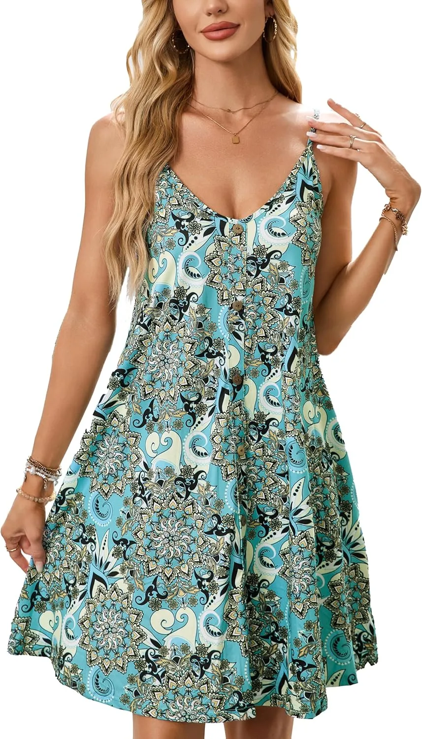 ENMAIN Womens Sundress Summer Spaghetti Strap Button Down Sleeveless Causal Beach Vacation Cover Ups Dress with Pocket