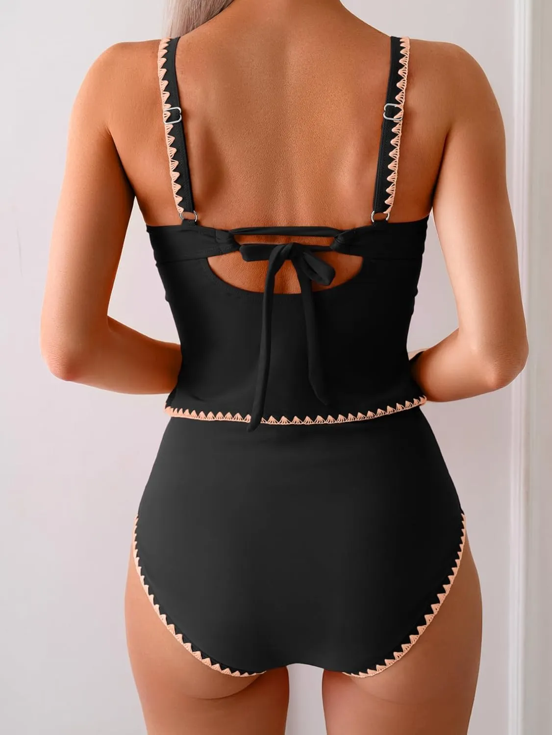 Eomenie Tankini Swimsuit for Women Tummy Control Ruched Two Piece Bathing Suits High Waisted Shell Stitch Swimwear