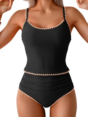 Eomenie Tankini Swimsuit for Women Tummy Control Ruched Two Piece Bathing Suits High Waisted Shell Stitch Swimwear