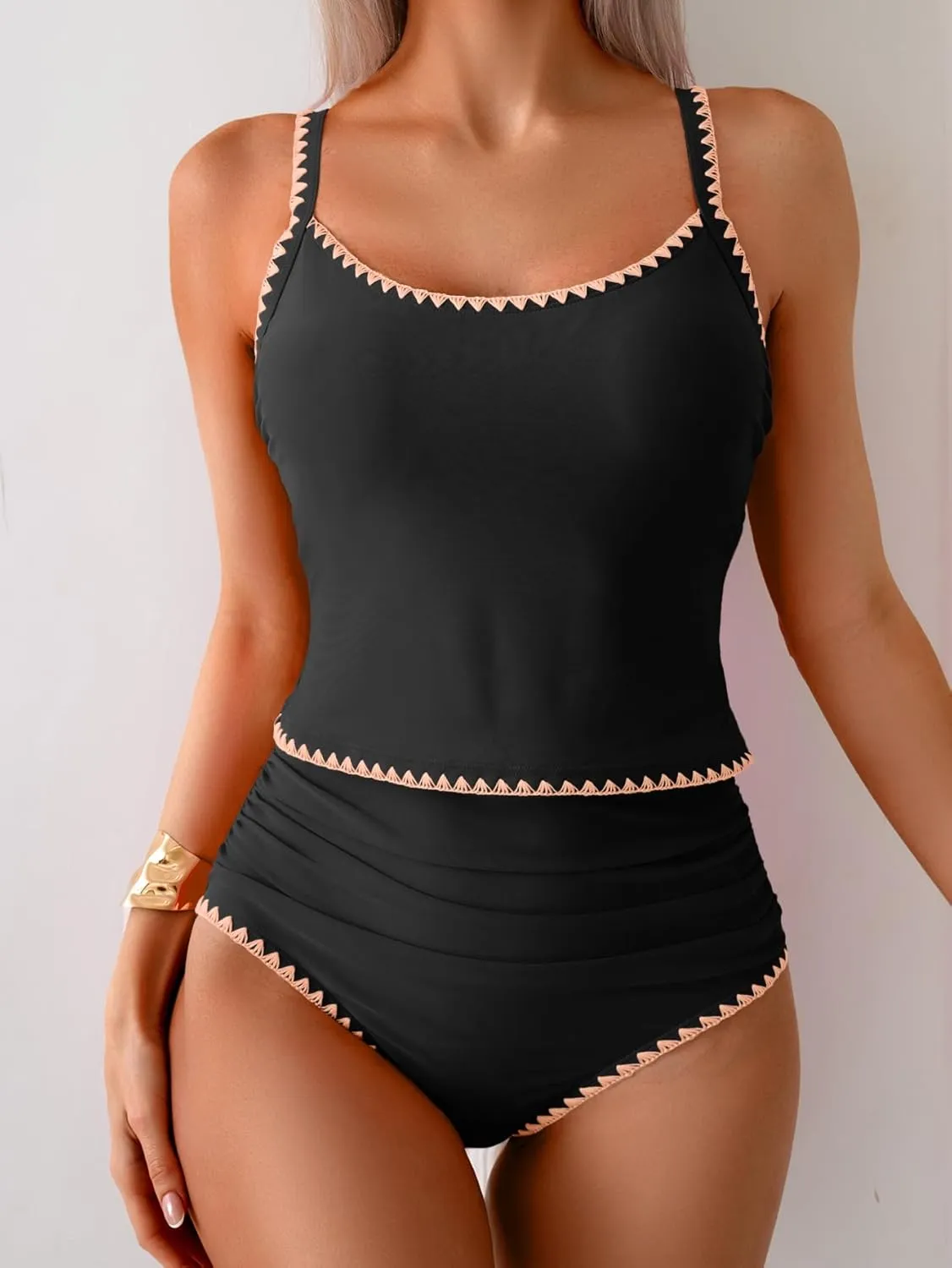 Eomenie Tankini Swimsuit for Women Tummy Control Ruched Two Piece Bathing Suits High Waisted Shell Stitch Swimwear