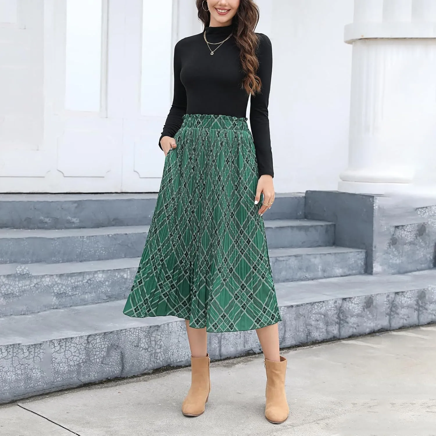 EXLURA Womens High Waist Polka Dot Pleated Maxi Skirt Midi Swing Skirt Beach Vacation Cruise Outfits with Pockets