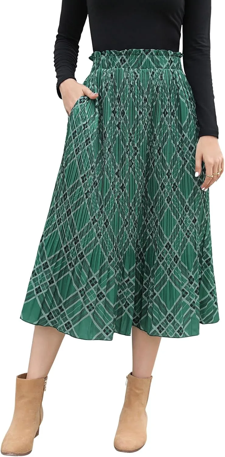 EXLURA Womens High Waist Polka Dot Pleated Maxi Skirt Midi Swing Skirt Beach Vacation Cruise Outfits with Pockets