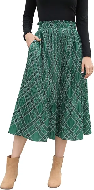 EXLURA Womens High Waist Polka Dot Pleated Maxi Skirt Midi Swing Skirt Beach Vacation Cruise Outfits with Pockets