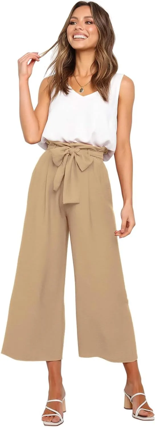 FANCYINN Womens 2 Piece Set V Neck Tank Wide Strap Tops High Waisted Cropped Paper Bag Pants with Belt