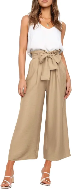 FANCYINN Womens 2 Piece Set V Neck Tank Wide Strap Tops High Waisted Cropped Paper Bag Pants with Belt