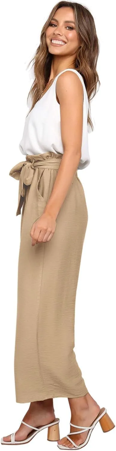 FANCYINN Womens 2 Piece Set V Neck Tank Wide Strap Tops High Waisted Cropped Paper Bag Pants with Belt