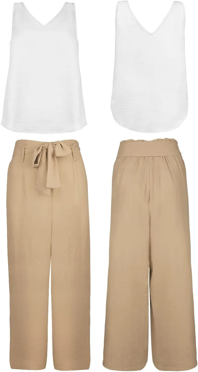 FANCYINN Womens 2 Piece Set V Neck Tank Wide Strap Tops High Waisted Cropped Paper Bag Pants with Belt