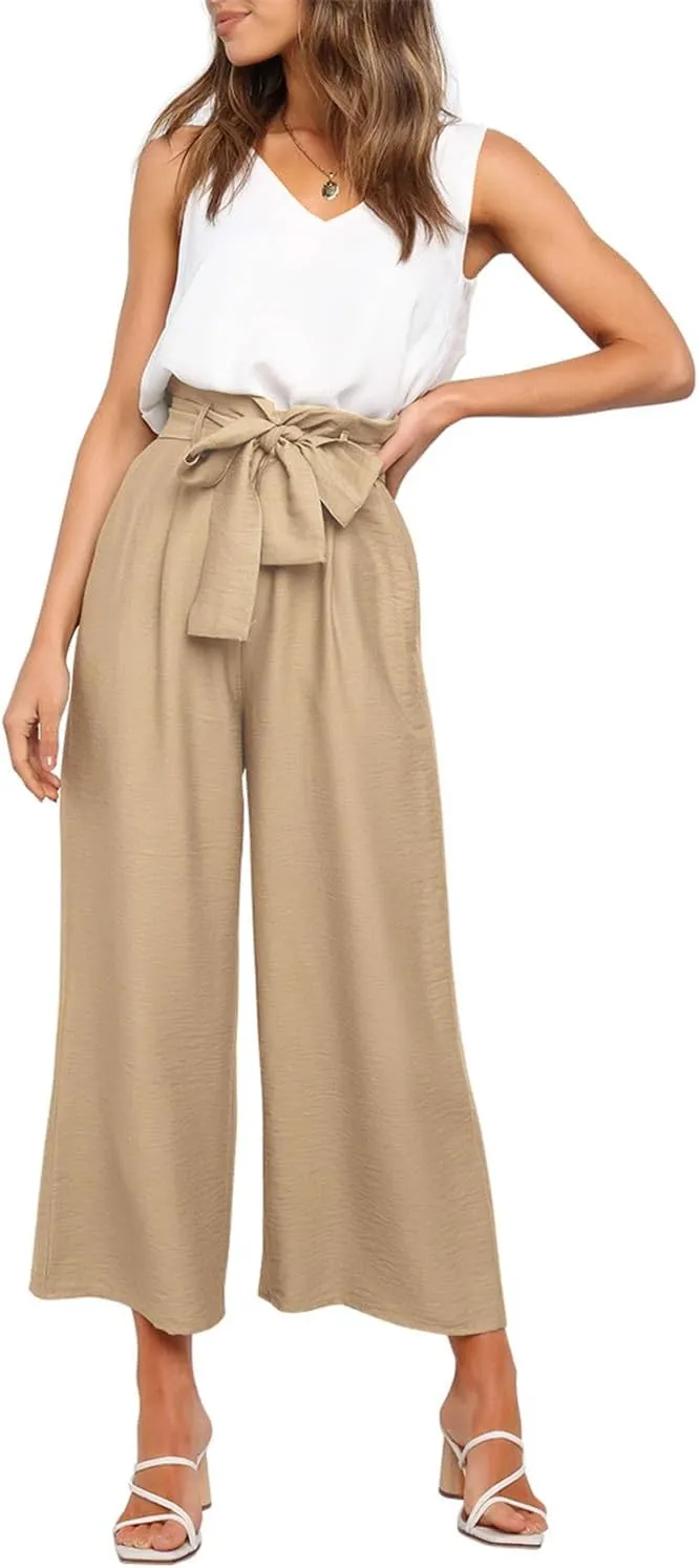 FANCYINN Womens 2 Piece Set V Neck Tank Wide Strap Tops High Waisted Cropped Paper Bag Pants with Belt