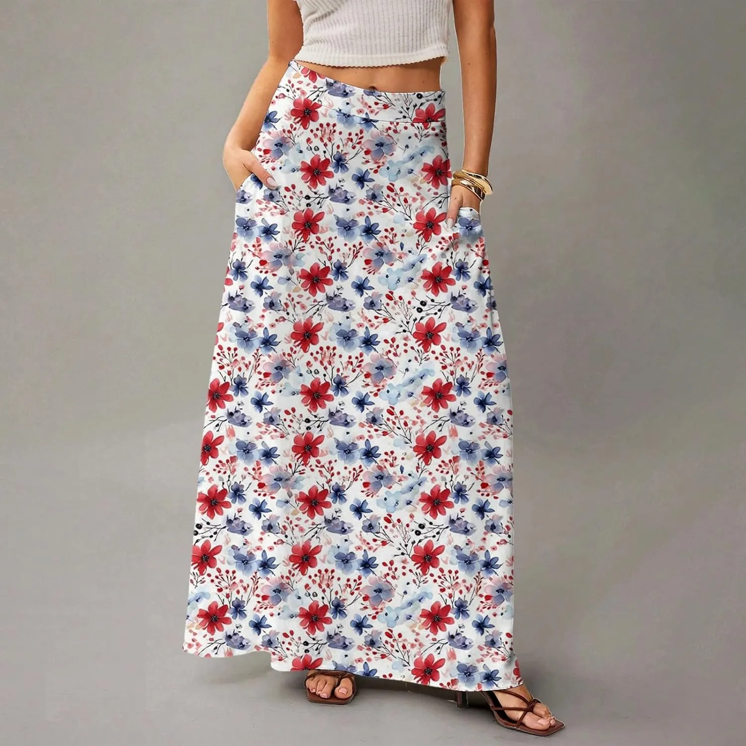fanmpghleoo Spring Skirts for Women 2025 Boho Elastic High Waisted Maxi Skirt with Pockets Flowy Beach Vacation Long Skirt