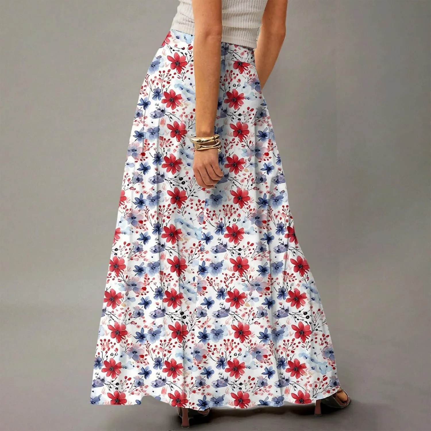fanmpghleoo Spring Skirts for Women 2025 Boho Elastic High Waisted Maxi Skirt with Pockets Flowy Beach Vacation Long Skirt