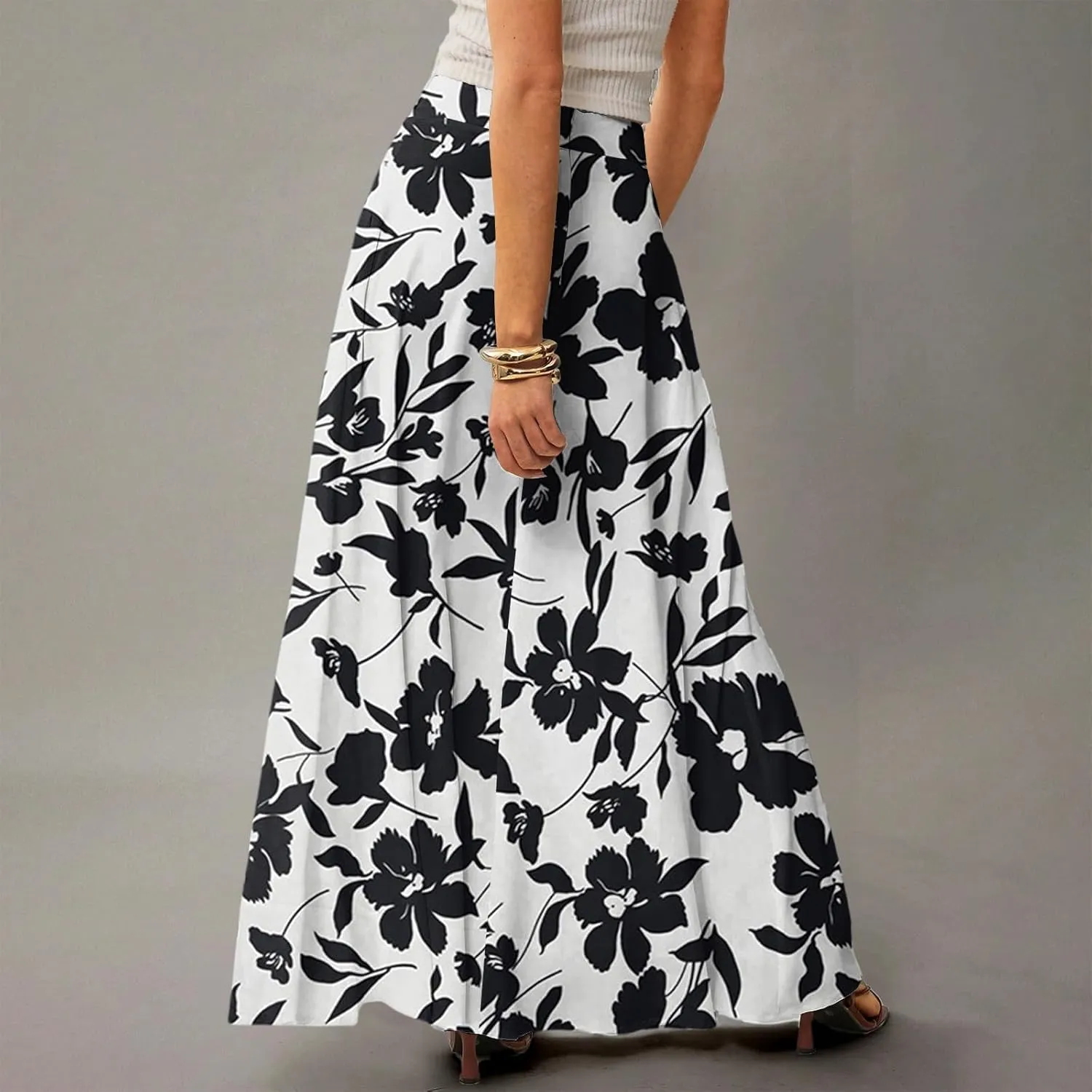 fanmpghleoo Summer Skirts for Women 2025 Boho Elastic High Waisted Maxi Skirt Flowy Vacation Beach Long Skirt with Pockets