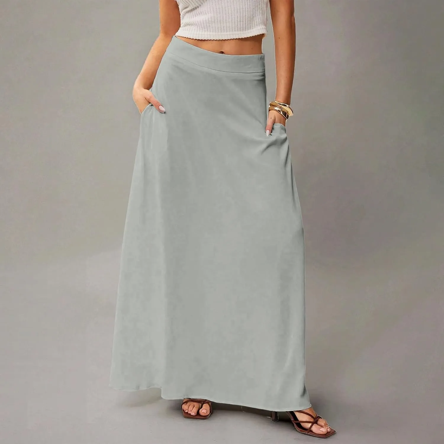 fanmpghleoo Summer Skirts for Women 2025 Boho Elastic High Waisted Maxi Skirt Flowy Vacation Beach Long Skirt with Pockets