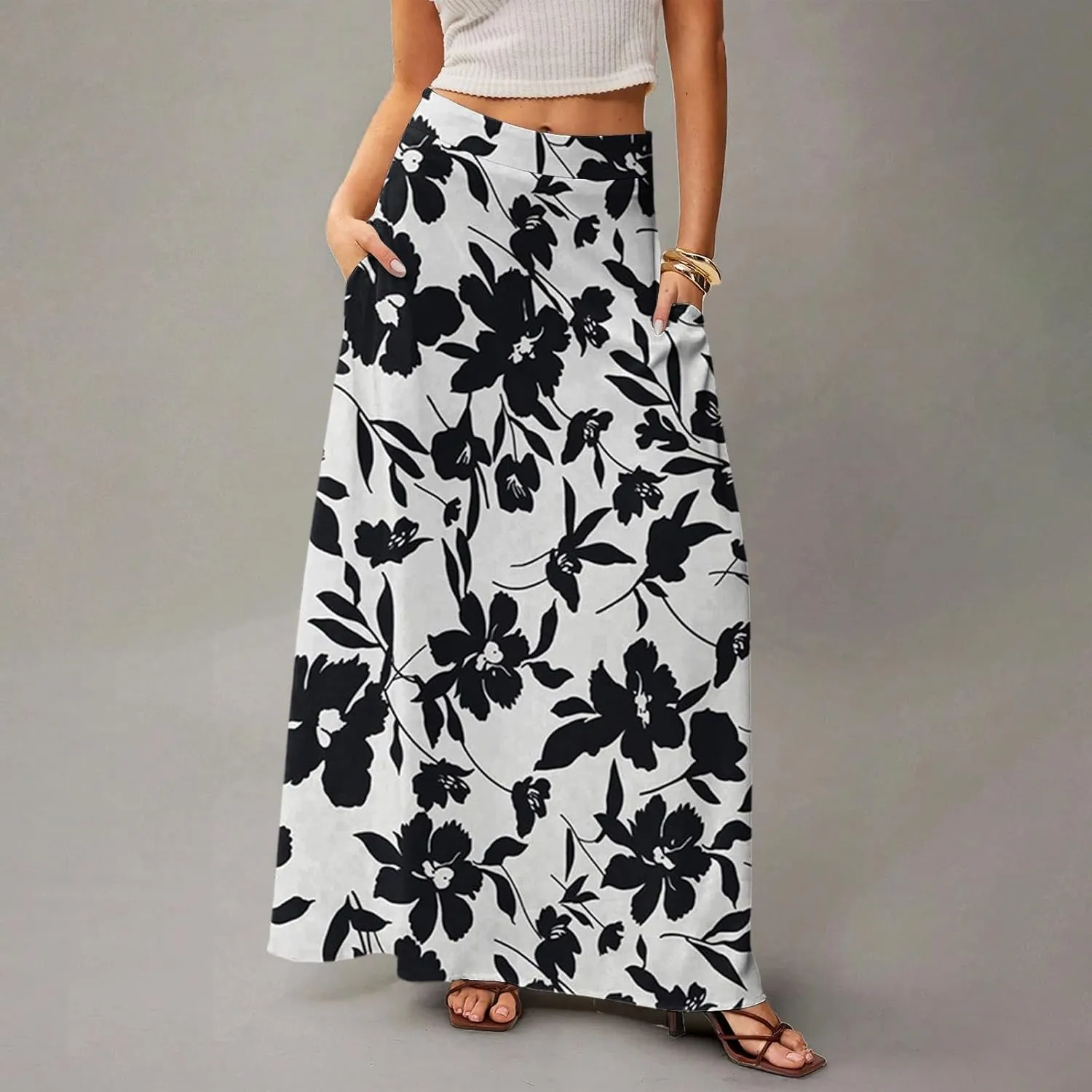 fanmpghleoo Summer Skirts for Women 2025 Boho Elastic High Waisted Maxi Skirt Flowy Vacation Beach Long Skirt with Pockets