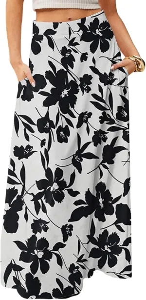 fanmpghleoo Summer Skirts for Women 2025 Boho Elastic High Waisted Maxi Skirt Flowy Vacation Beach Long Skirt with Pockets