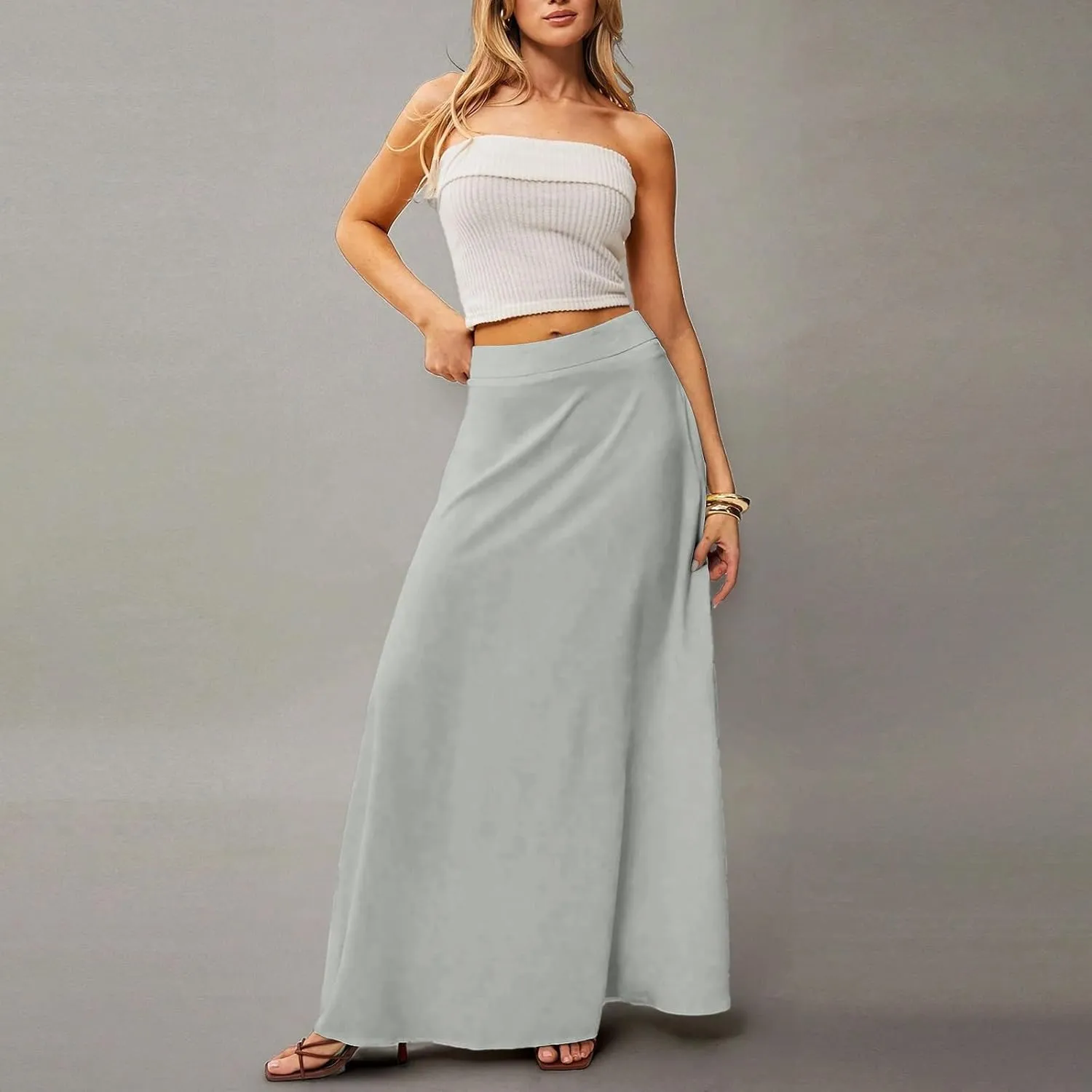fanmpghleoo Summer Skirts for Women 2025 Boho Elastic High Waisted Maxi Skirt Flowy Vacation Beach Long Skirt with Pockets