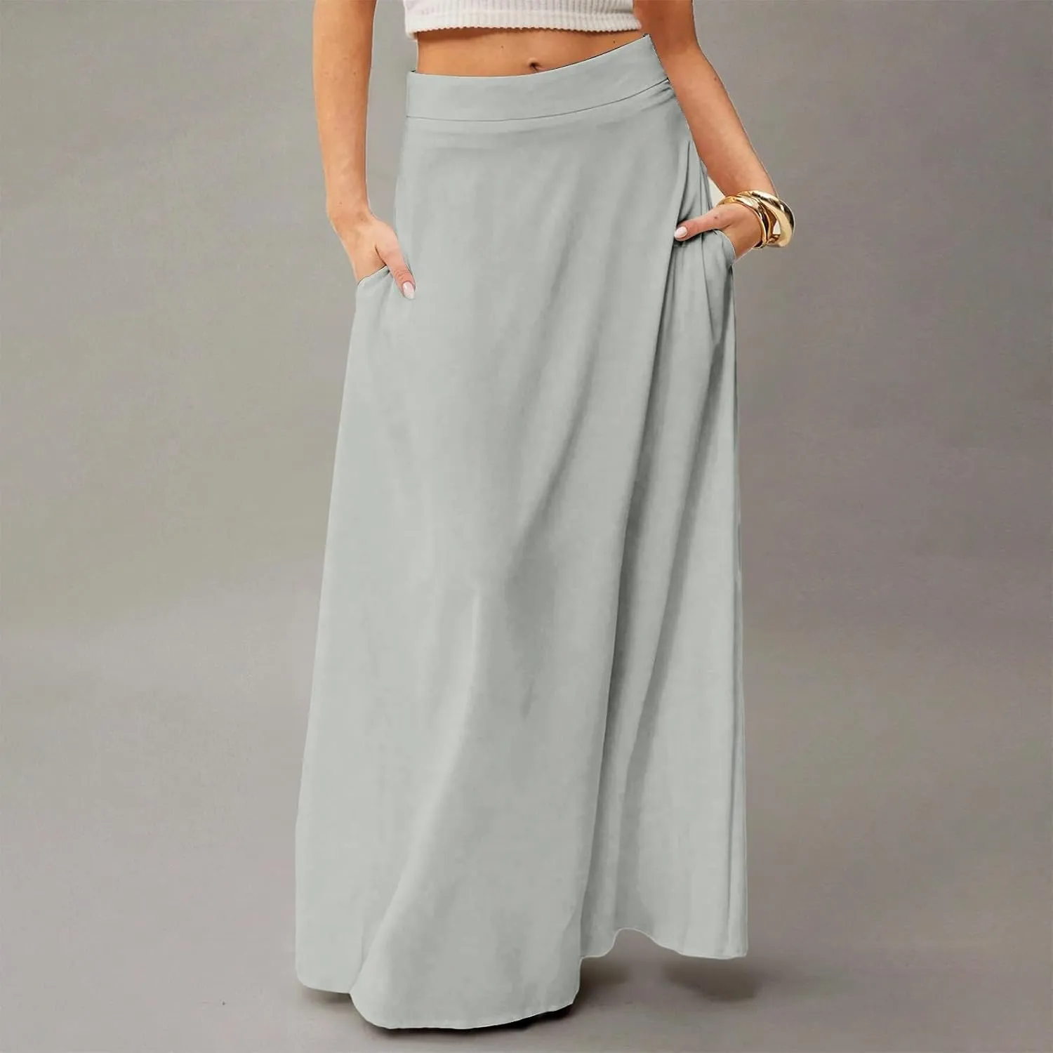 fanmpghleoo Summer Skirts for Women 2025 Boho Elastic High Waisted Maxi Skirt Flowy Vacation Beach Long Skirt with Pockets
