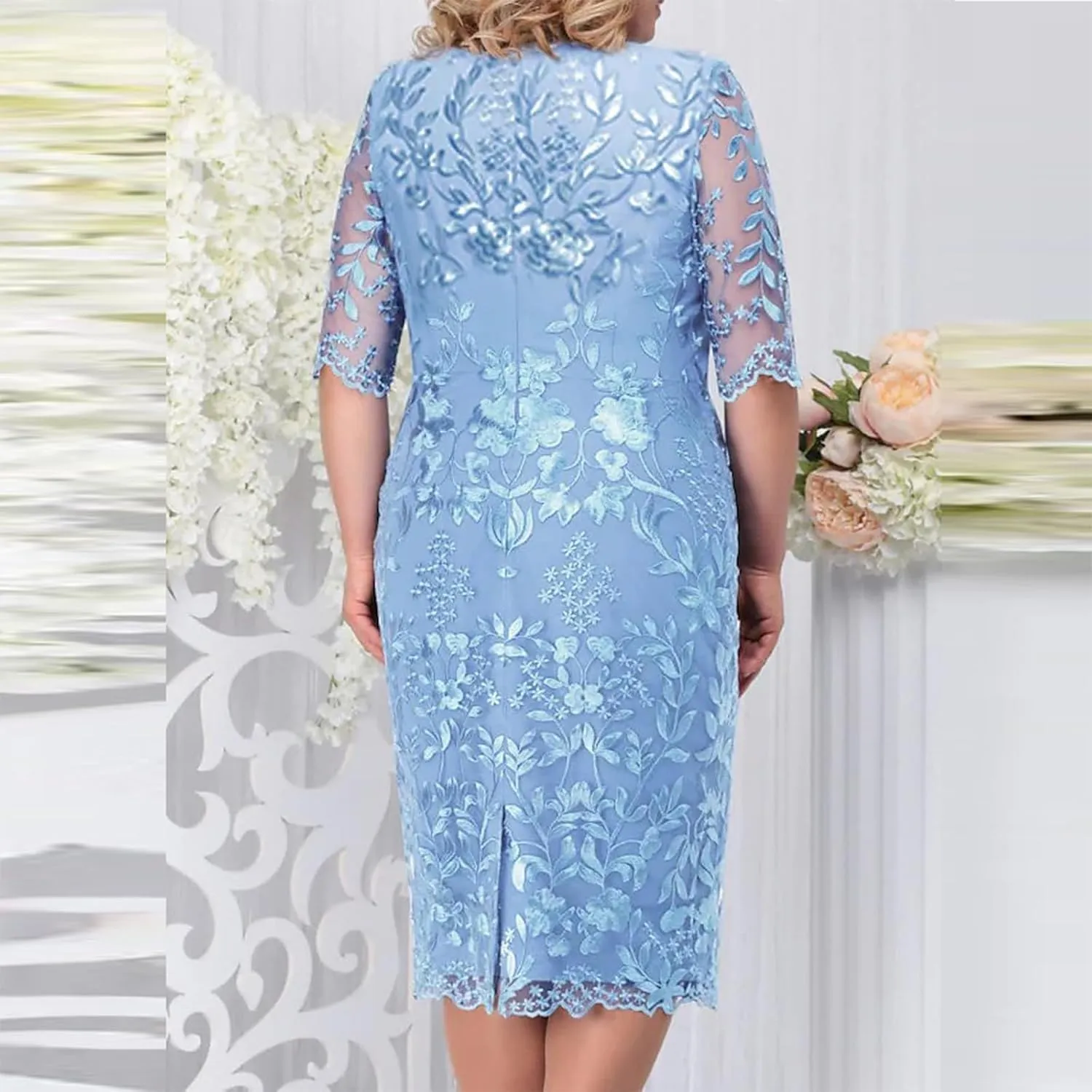 Fashion Plus Size Lace Chiffon Dresses Women Cocktail Wedding Guest Midi Dress Round Neck Short Sleeve Bodycon Dress