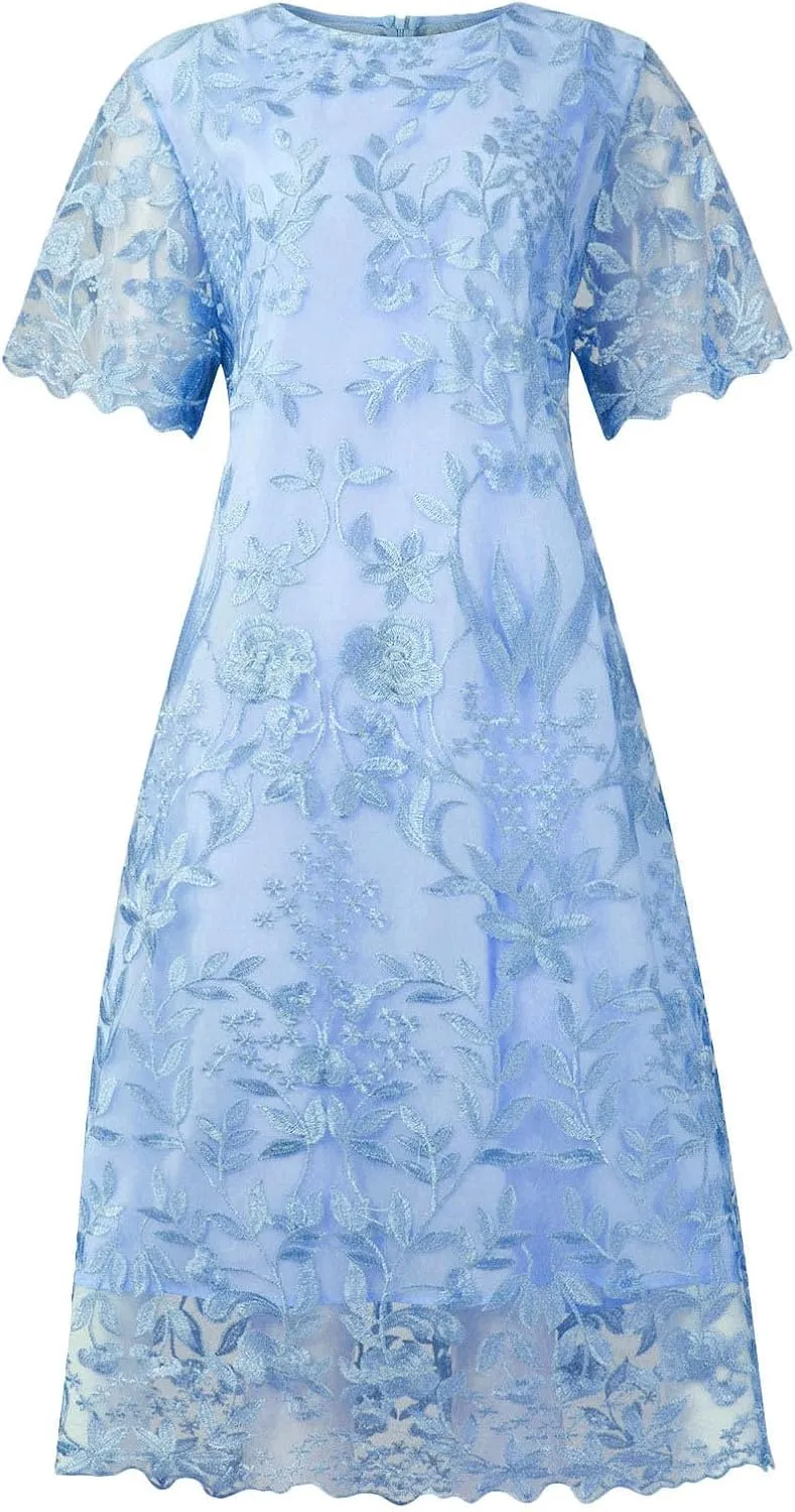 Fashion Plus Size Lace Chiffon Dresses Women Cocktail Wedding Guest Midi Dress Round Neck Short Sleeve Bodycon Dress