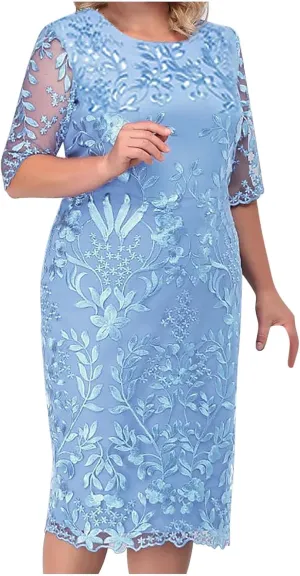 Fashion Plus Size Lace Chiffon Dresses Women Cocktail Wedding Guest Midi Dress Round Neck Short Sleeve Bodycon Dress