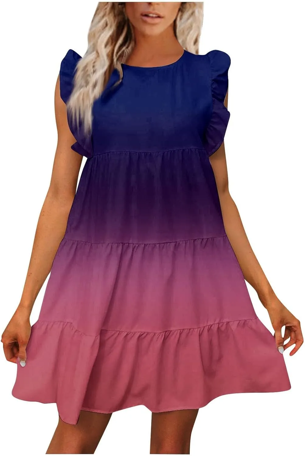 Firzero Summer Babydolls Dresses for Women 2024 Cute Ruffle Cap Sleeve Flowy Mini Dress Casual Floral Printed Round Neck Sundress