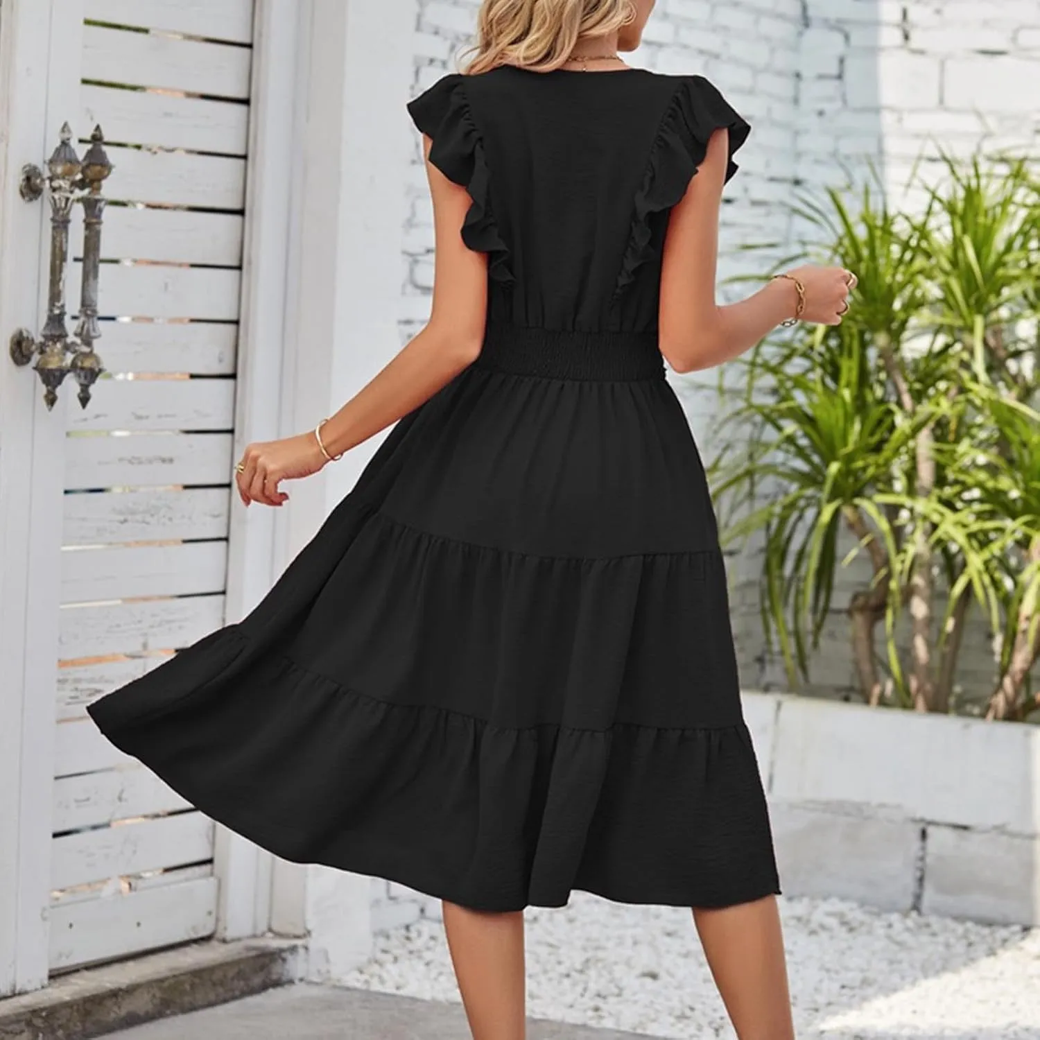 Firzero Womens Summer Dresses Casual Ruffle Cap Short Sleeve Elastic Waist Long Dress V Neck Wedding Guest A Line Maxi Dress