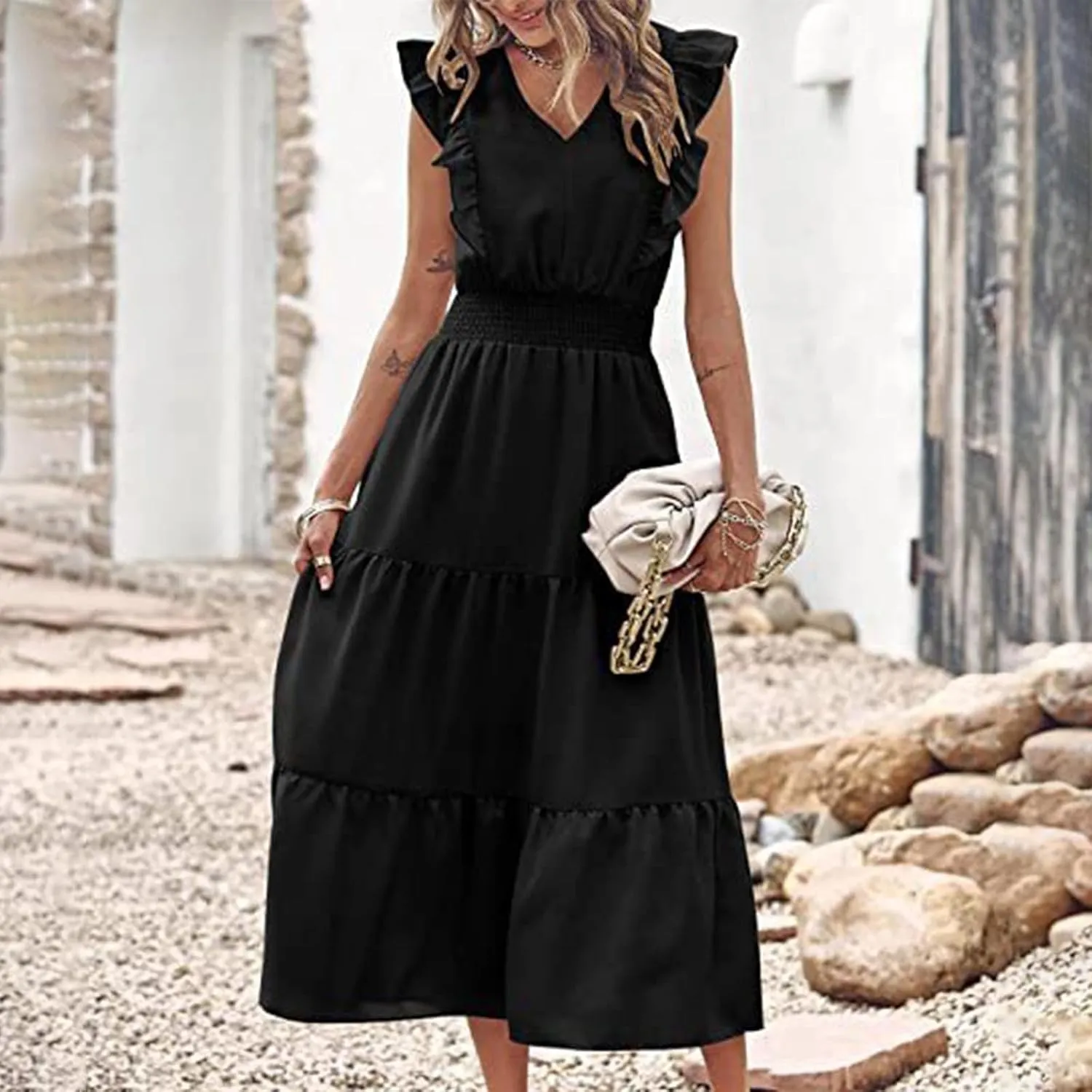 Firzero Womens Summer Dresses Casual Ruffle Cap Short Sleeve Elastic Waist Long Dress V Neck Wedding Guest A Line Maxi Dress