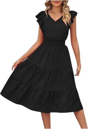 Firzero Womens Summer Dresses Casual Ruffle Cap Short Sleeve Elastic Waist Long Dress V Neck Wedding Guest A Line Maxi Dress