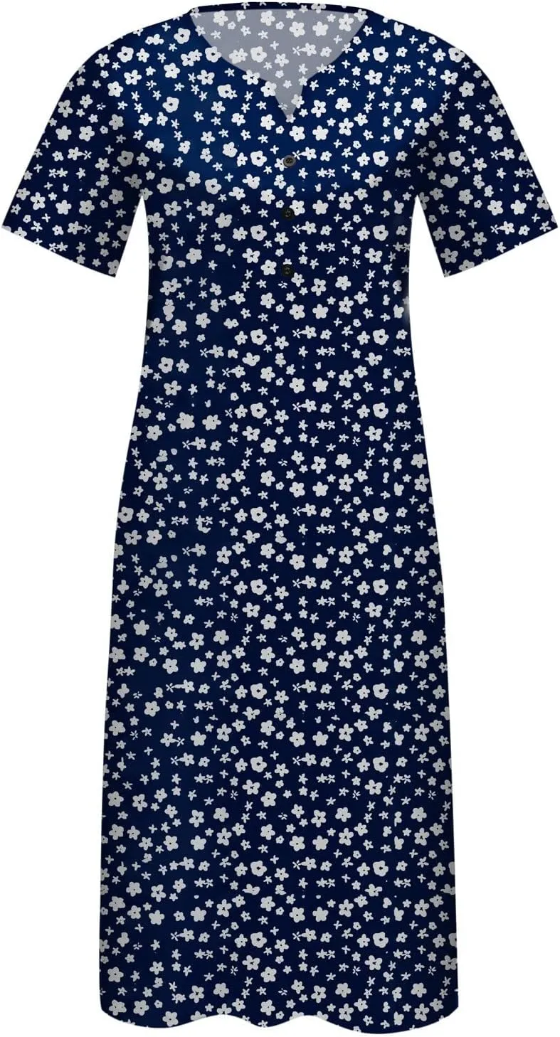 FlekmanArt Dresses for Women 2023 Casual Button-Up Solid Color Printed Dress Small V-Neck Loose 1/2 Sleeve Dress with Pocket