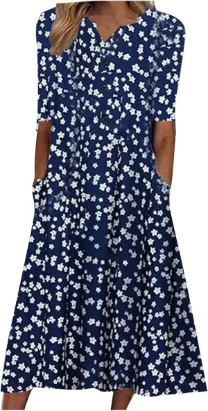 FlekmanArt Dresses for Women 2023 Casual Button-Up Solid Color Printed Dress Small V-Neck Loose 1/2 Sleeve Dress with Pocket