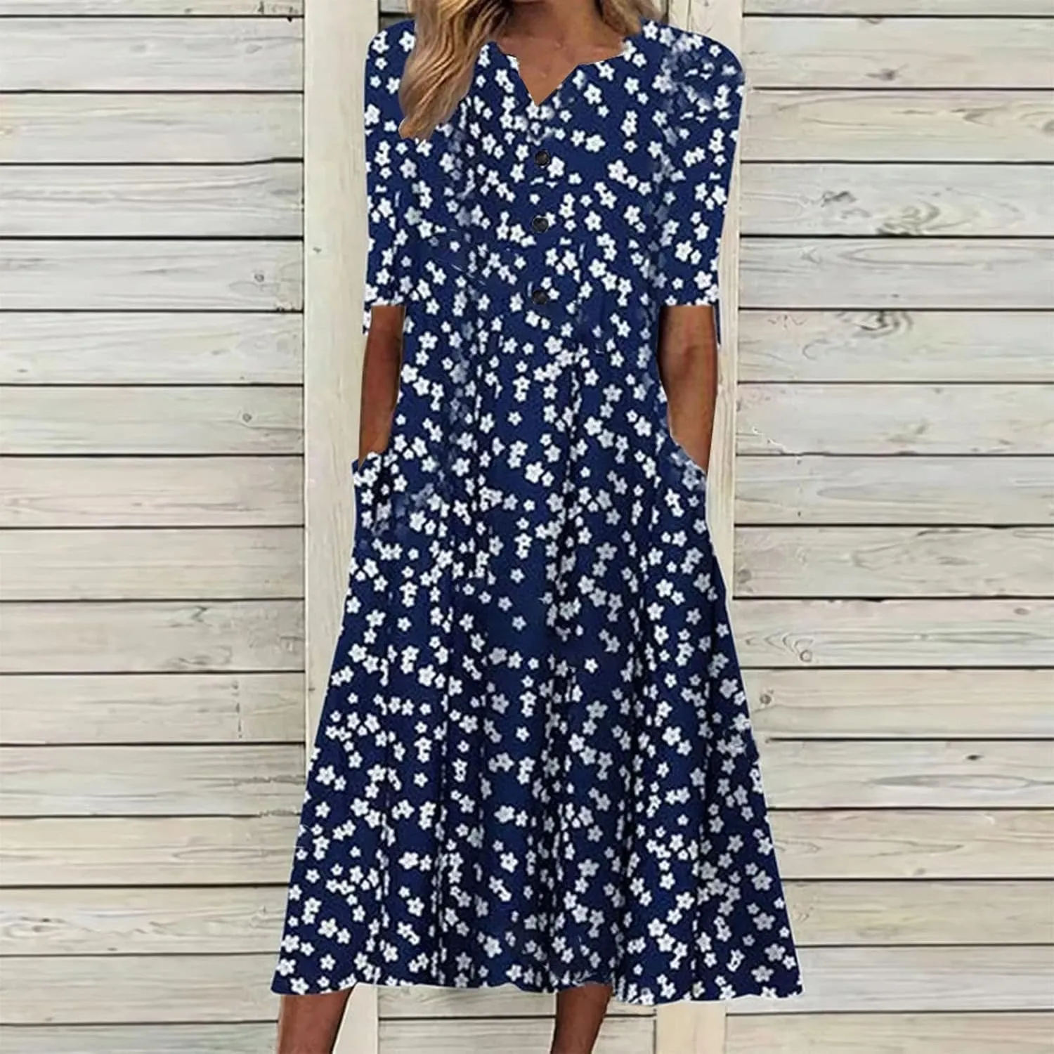 FlekmanArt Dresses for Women 2023 Casual Button-Up Solid Color Printed Dress Small V-Neck Loose 1/2 Sleeve Dress with Pocket