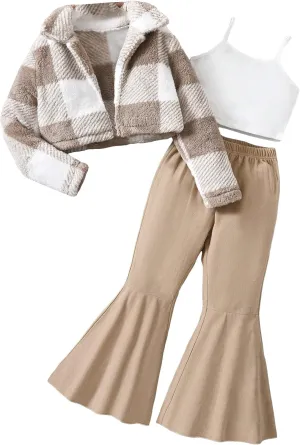 Floerns Girl's 3 Piece Outfit Plaid Print Coat with Camisole Flare Leg Pants Set