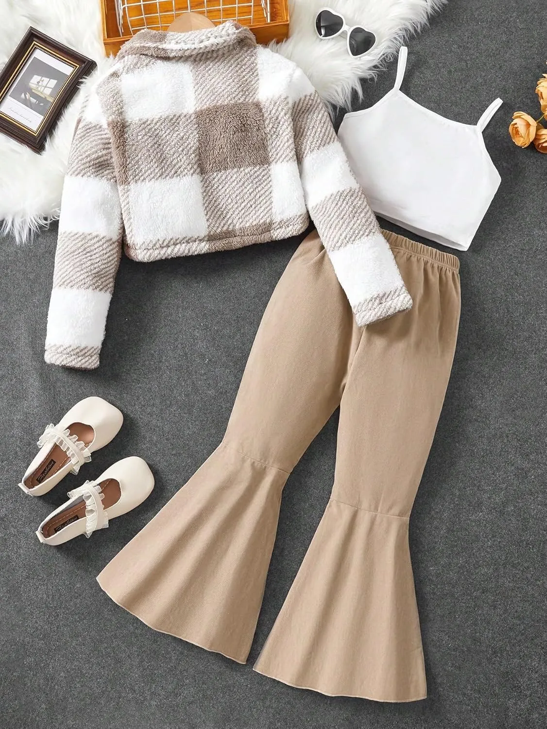 Floerns Girl's 3 Piece Outfit Plaid Print Coat with Camisole Flare Leg Pants Set