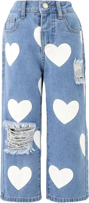 Floerns Toddler Girl's Heart Print Jeans Distressed Ripped Straight Leg Denim Pants