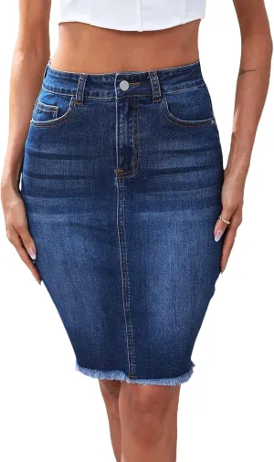 Floerns Women's Casual High Waist Raw Hem Bodycon Pencil Denim Skirt