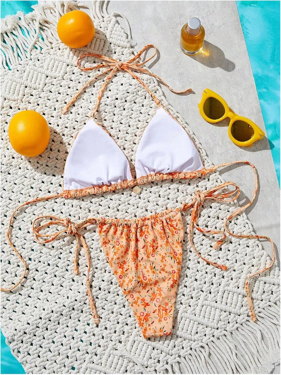 Floerns Women's Floral Print Halter Triangle High Waist Tie Side String Bikini Swimsuit