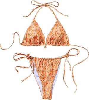 Floerns Women's Floral Print Halter Triangle High Waist Tie Side String Bikini Swimsuit